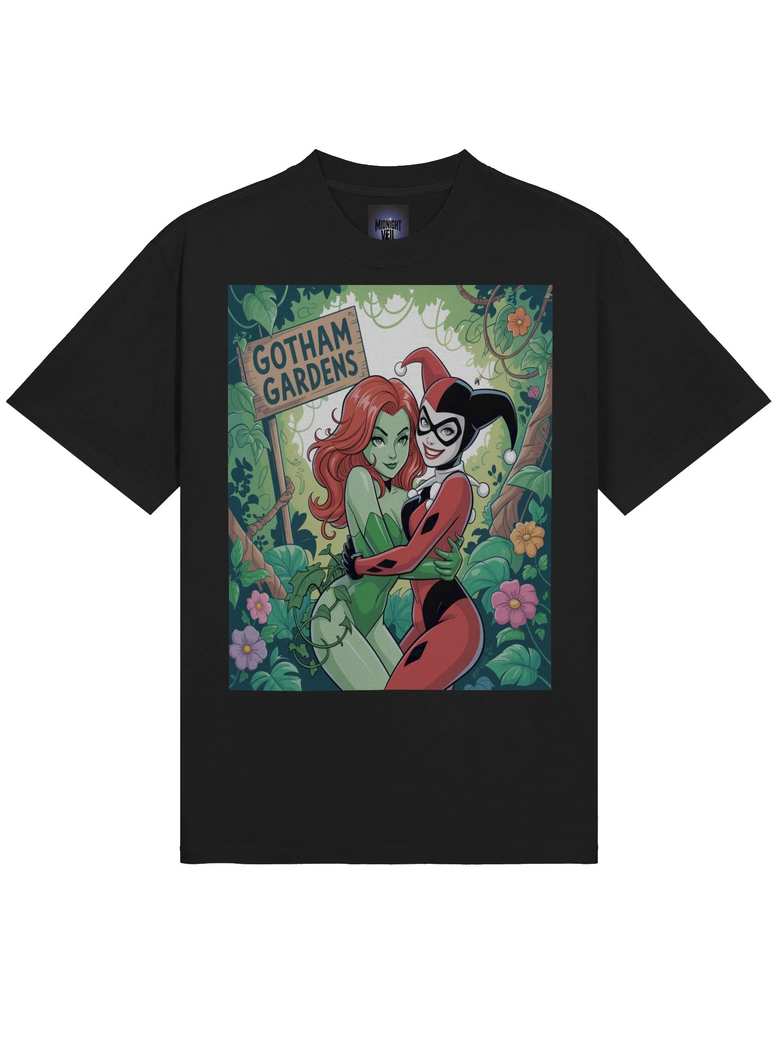 Gotham Gardens Embrace: Poison Ivy & Harley Quinn Verdant Vortex Oversized Faded Unisex T-Shirt product image (5)