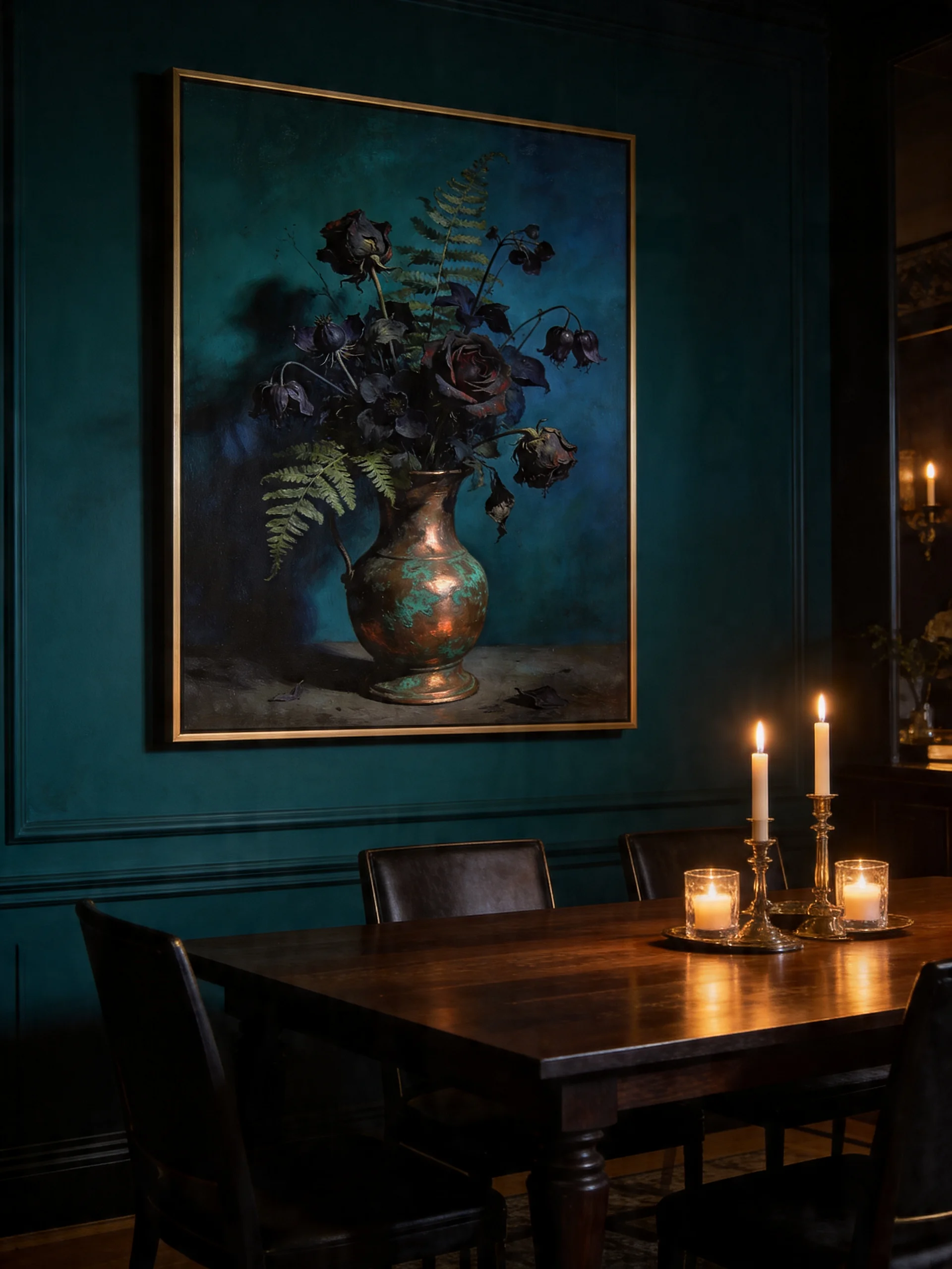 Dark Roses in Copper Vase | Dutch Master Still Life Canvas Print | Moody Botanical Wall Art | Dark Academia Floral Decor | Teal and Copper Art Print product image (2)