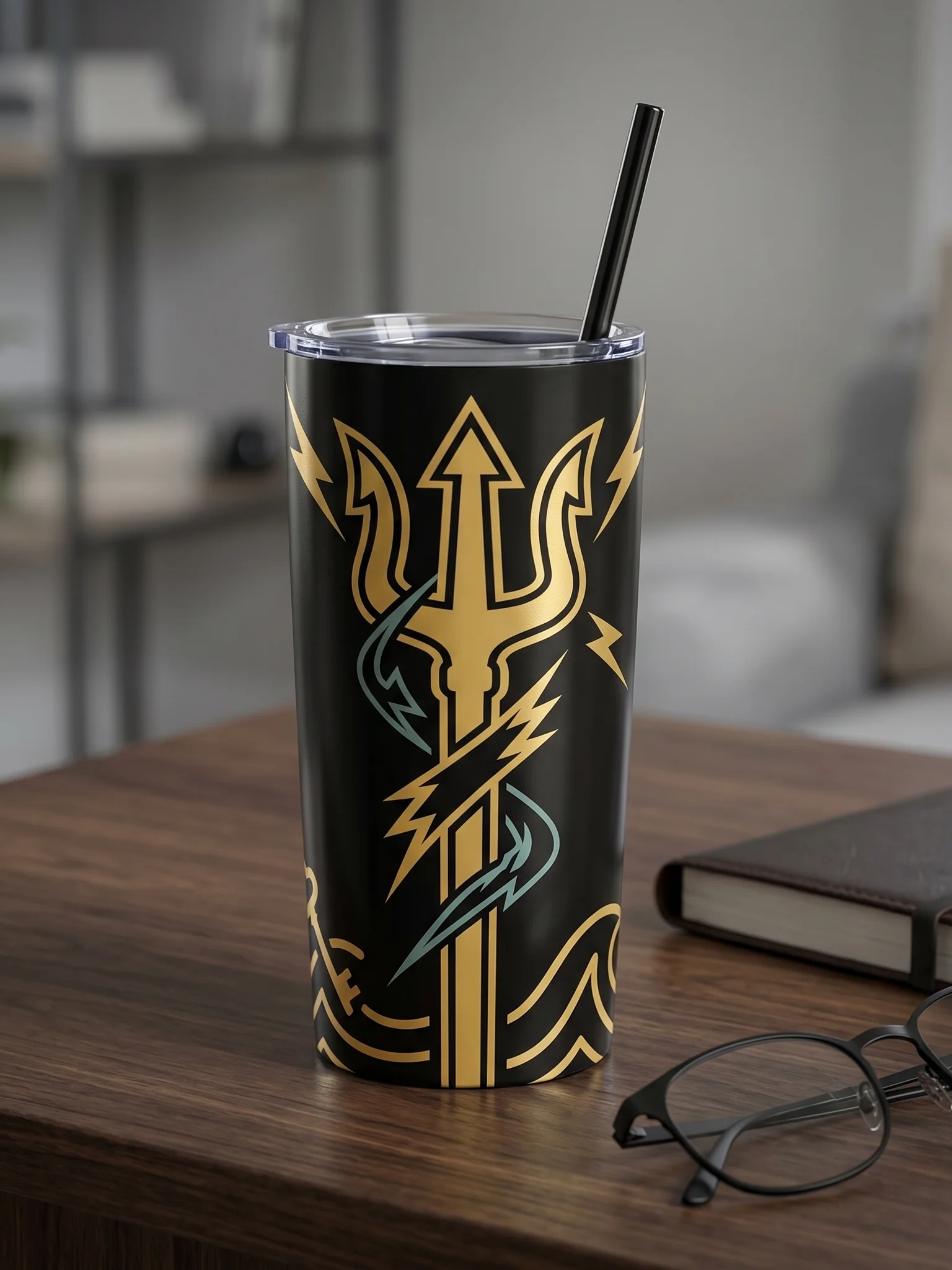 Greek Trident Lightning Tumbler – Minimal Mythology Travel Mug, Black & Gold Design product image (2)