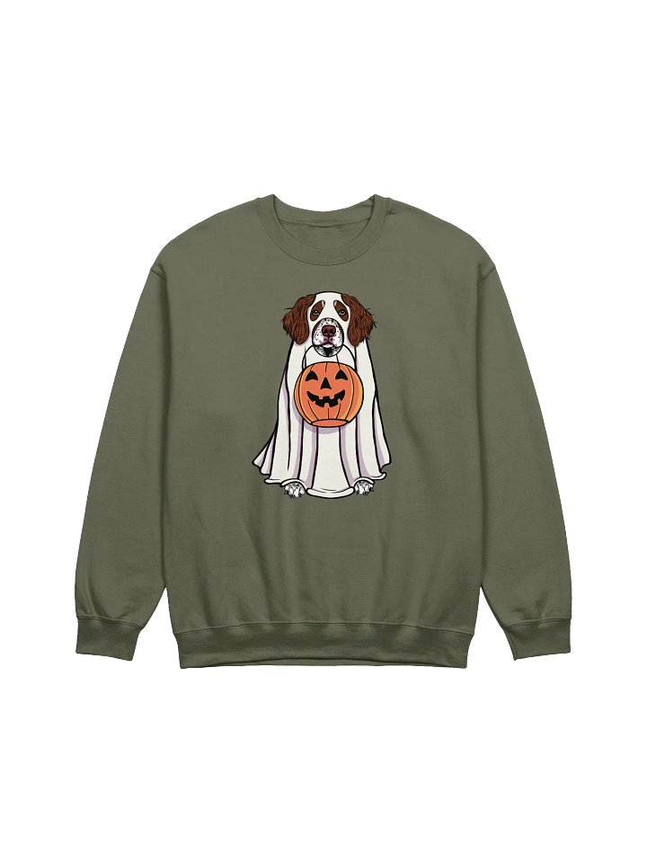 Funny Halloween Brittany Spaniel(Liver) Sweatshirt | Funny Brittany Spaniel Wearing a Ghost Costume and Holding a Pumpkin Basket product image (1)