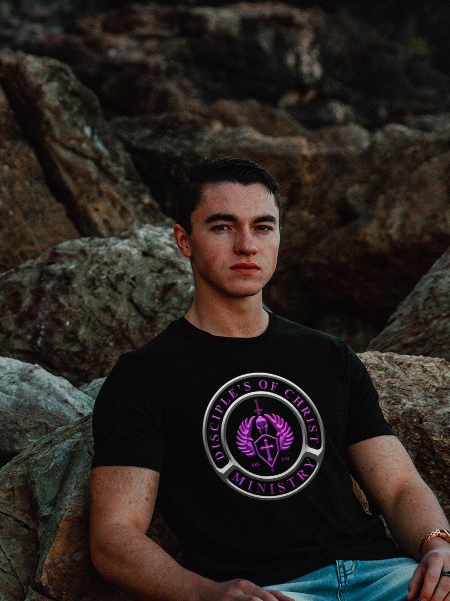 Disciples of Christ Ministry Shirt – Purple Christian Warrior Crest on Black Faith Streetwear Tee product image (43)