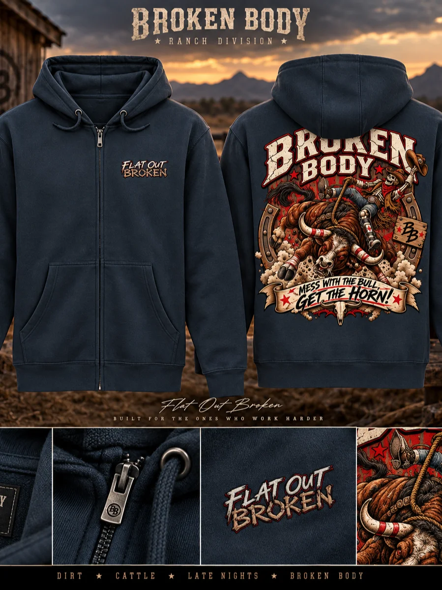 Bull Riding Hoodie — Mess With the Bull, Get the Horns Full-Zip Rodeo Hoodie | Flat Out Broken™ product image (1)