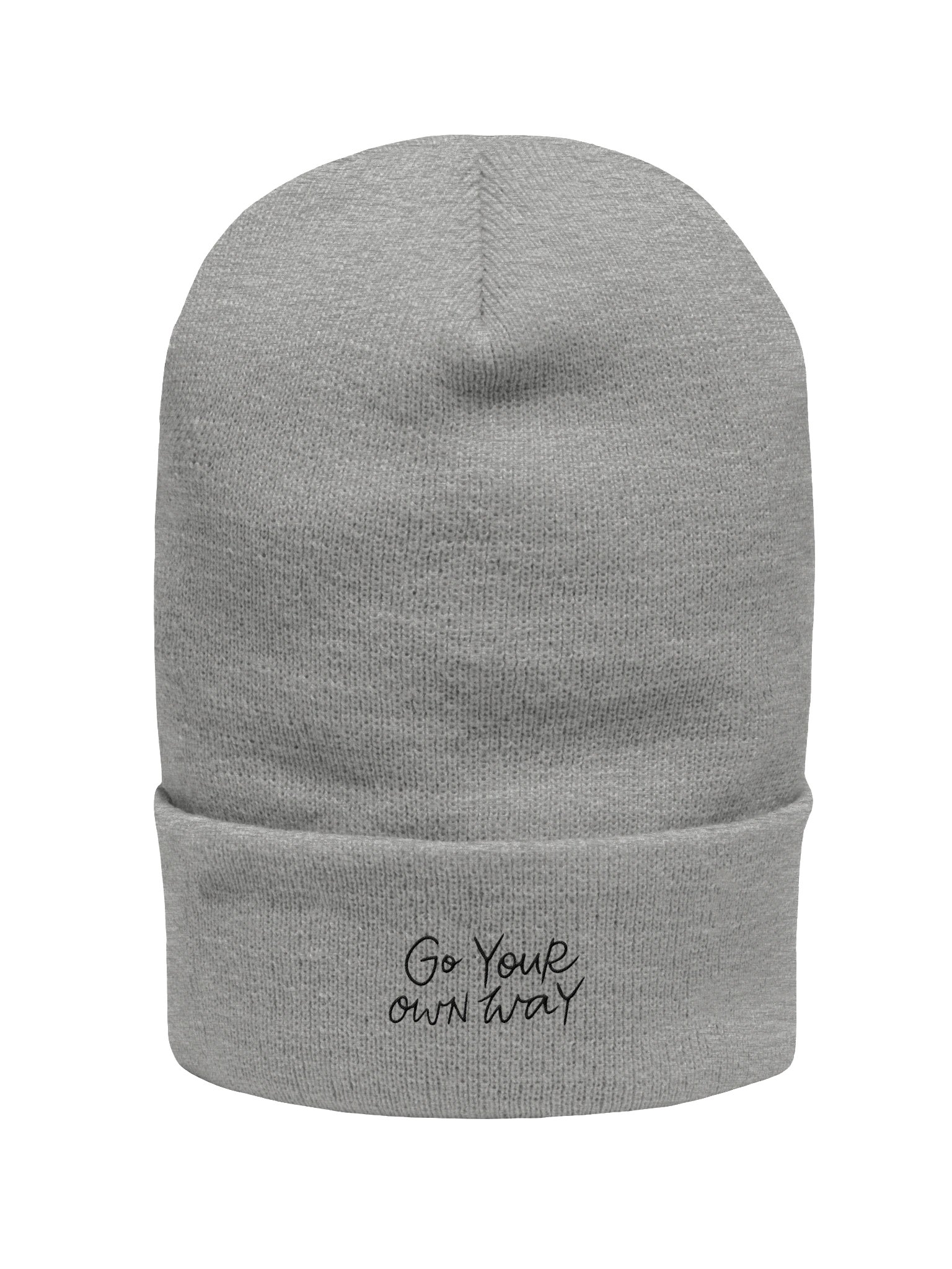 "Go Your Own Way" Beanie – Grey Embroidered Script Cuffed Knit Hat product image (1)