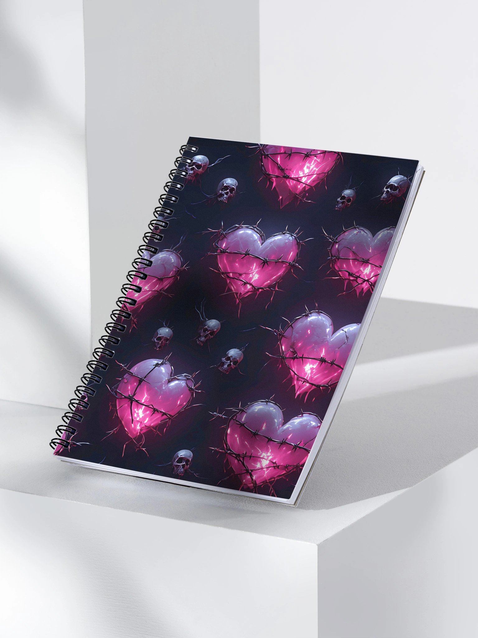 Neon Barbed Heart Skull Spiral Notebook - Glow Pink Shattered Hearts 140-Page Dotted Journal product image (3)