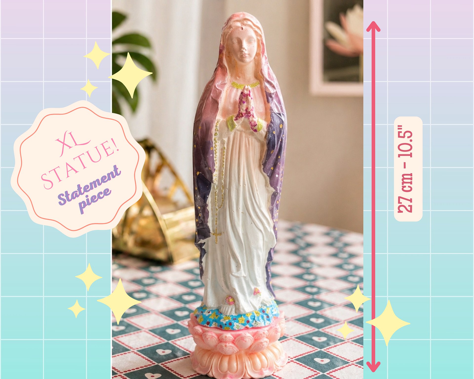 Hand-Painted Virgin Mary Statue 27cm | Pastel Ombre Religious Figurine product image (2)