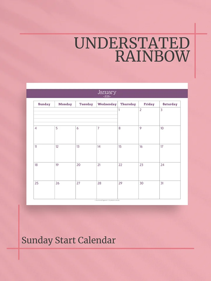 Understated Rainbow 2026 Calendar - Single Page per Month, Sunday Start, Letter Size product image (1)