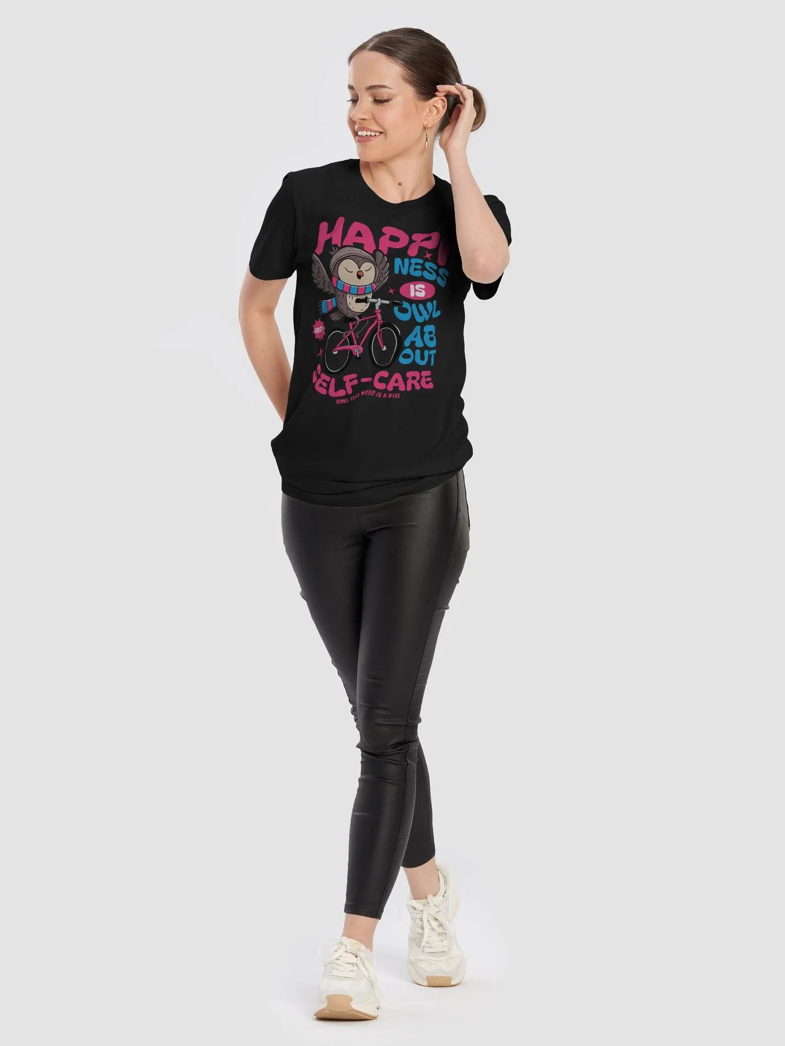 Happiness Is Owl About Self-Care Graphic T-Shirt – Cute Owl Bike Design product image (70)