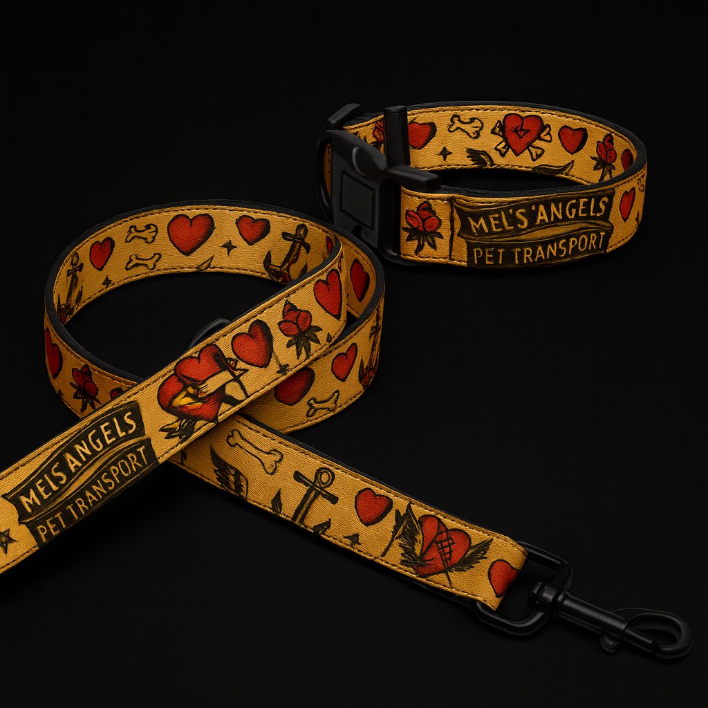 Mels Angels Pet Transport Dog Collar & Leash Set – Vintage Tattoo Flash Biker Style, Adjustable & Durable product image (4)