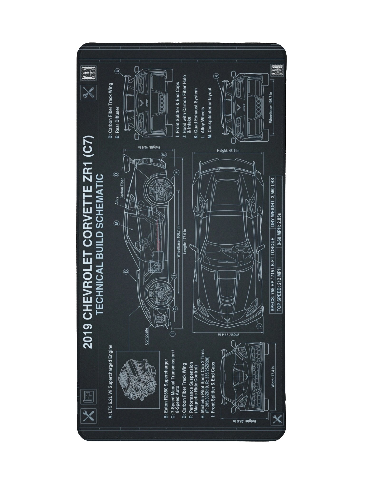 ZenCarCulture CORVETTE C7 ZR1 TECHNICAL SCHEMATIC DESK PAD & MOUSE MAT product image (2)