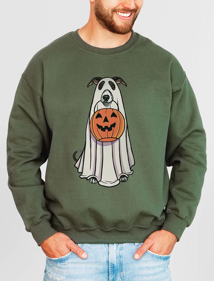 Funny Halloween Whippet(Black) Sweatshirt | Funny Dog Wearing a Ghost Costume and Holding a Pumpkin Basket product image (2)