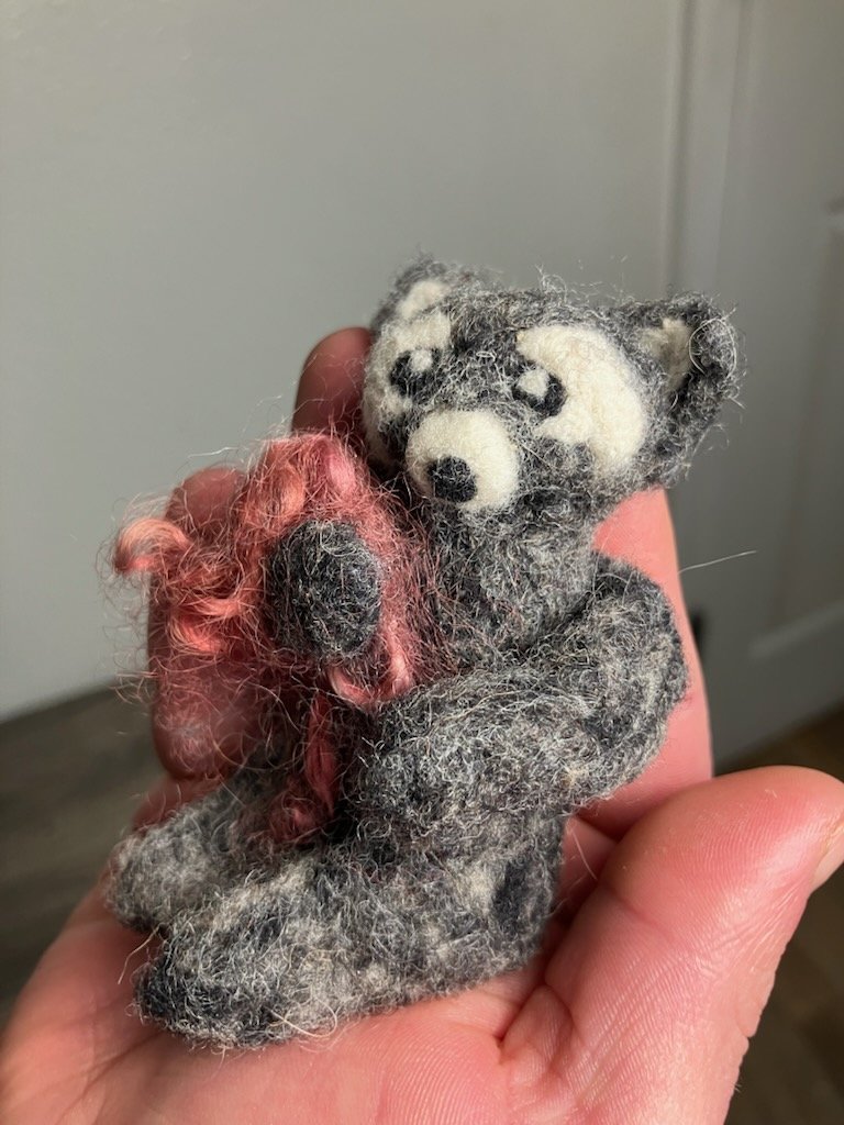 Needle Felted Raccoon - Tiny 3" Forest Friend with Red Bouquet - Miniature Solid Wool Sculpture product image (6)