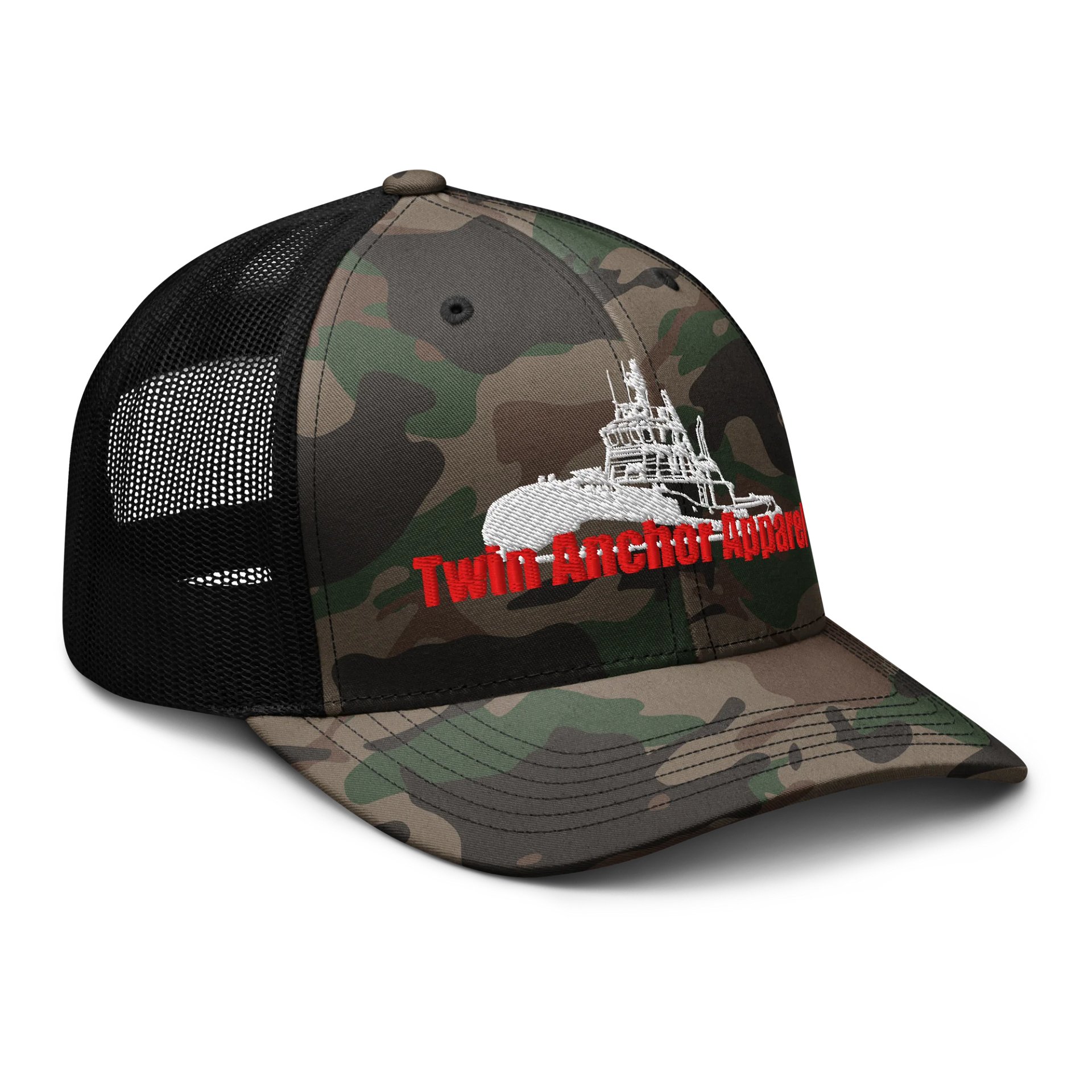 White & Red Marco tug Camo Trucker Hat product image (6)