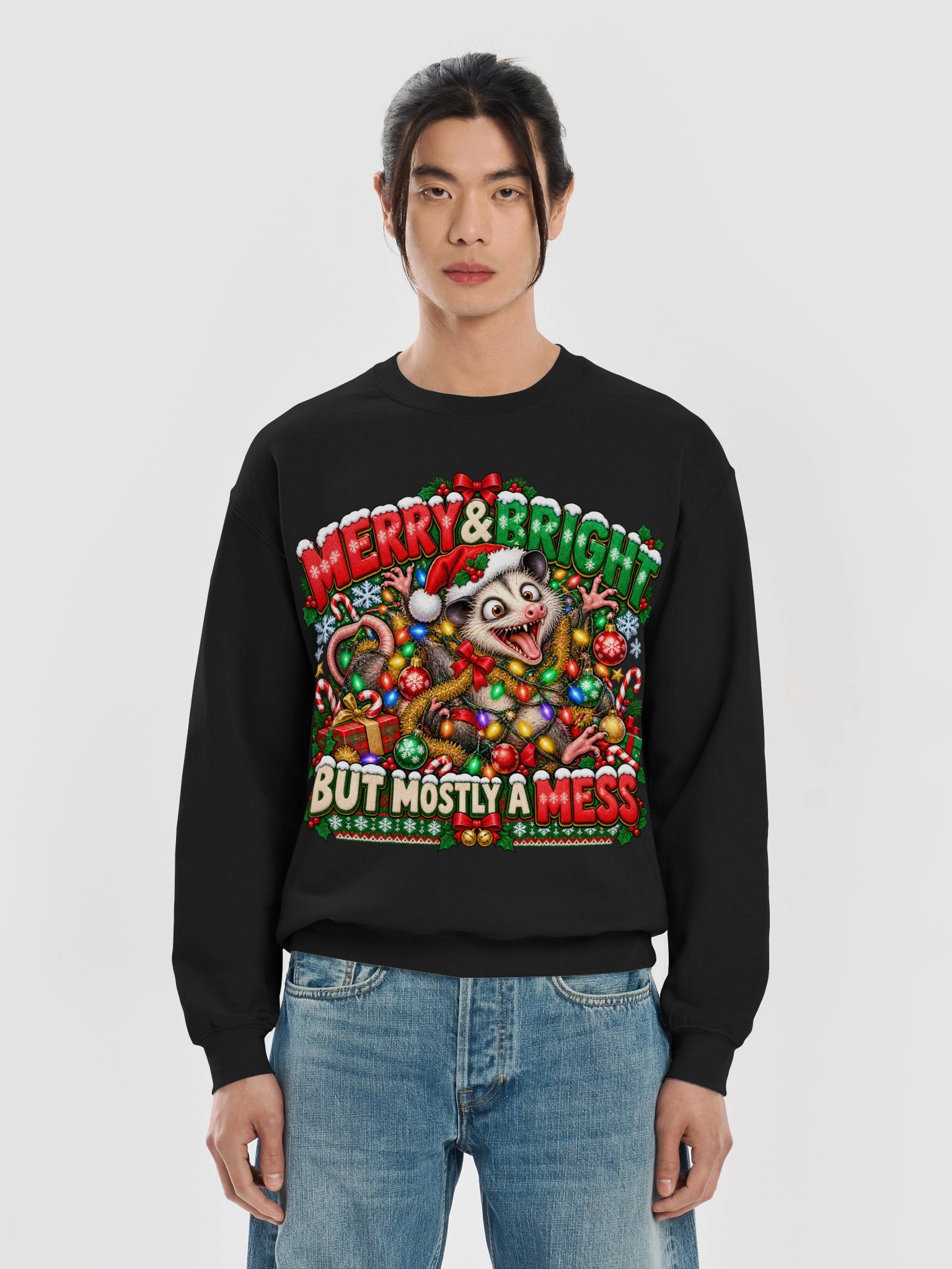 Merry & Bright but Mostly a Mess | Funny Possum Ugly Christmas Sweatshirt product image (5)