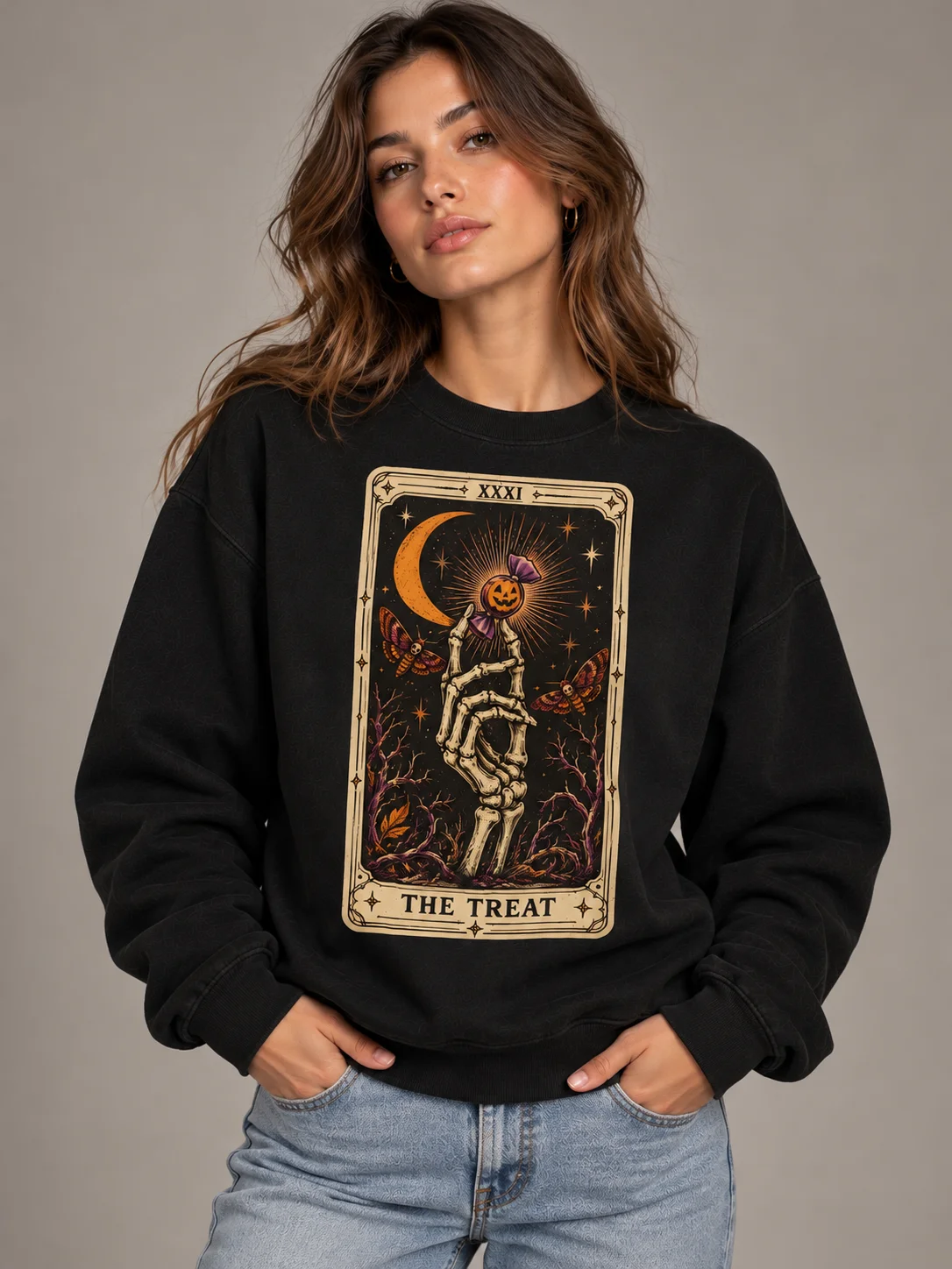 “The Treat” Tarot Card Skeleton Sweatshirt product image (1)