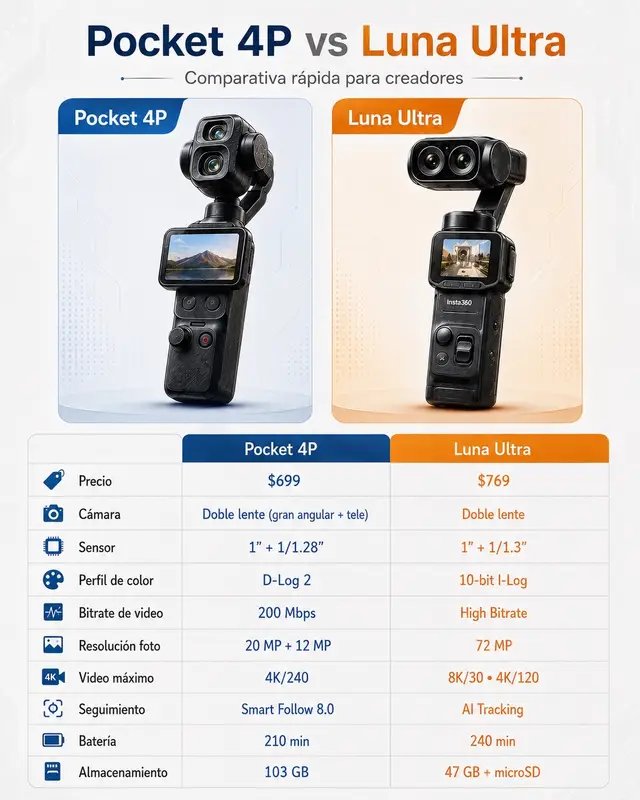 Aquí no se trata de comprar la más famosa, se trata de comprar la que realmente se adapta a tu forma de crear contenido. Si ya estás dentro del ecosistema DJI, quieres algo práctico, estable y con un flujo rápido para grabar, la Pocket 4P puede ser una muy buena opción. Pero si hablamos de imagen, resolución, batería, versatilidad y una cámara con más margen para contenido pro, en mi opinión la Luna Ultra se ve como la mejor compra. Más completa, más agresiva en specs y con más futuro para creadores que quieren exprimir la calidad. Al final: Pocket 4P = practicidad y flujo rápido. Luna Ultra = más potencia y mejor propuesta general. Yo me iría por la Luna Ultra. ¿Tú cuál comprarías? 👀 #LunaUltra #Pocket4P #CreadoresDeContenido #TechReview #MrJimeneX