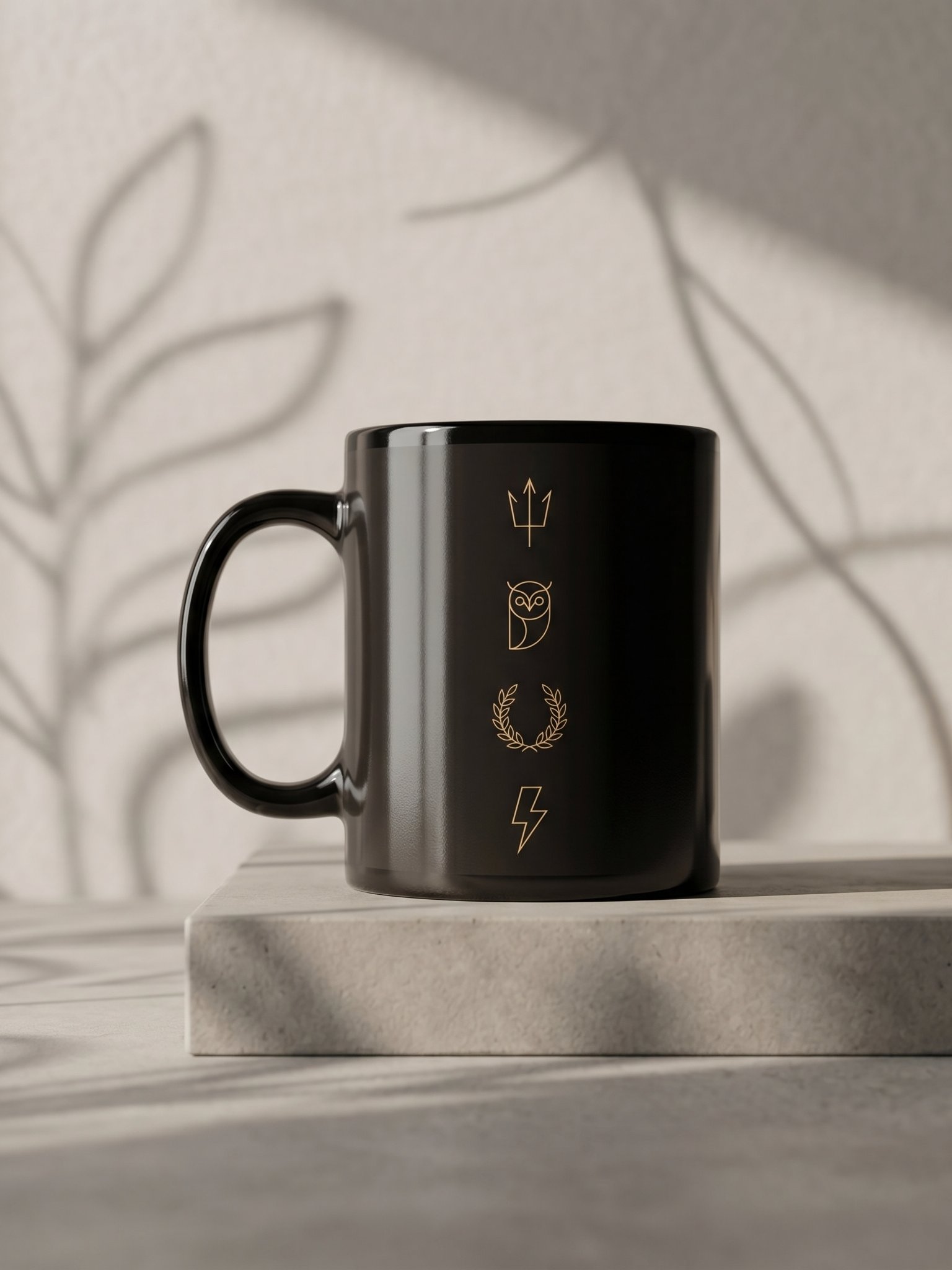 Greek Mythology Symbol Mug – Minimal Trident, Owl & Laurel Design in Black & Gold product image (1)