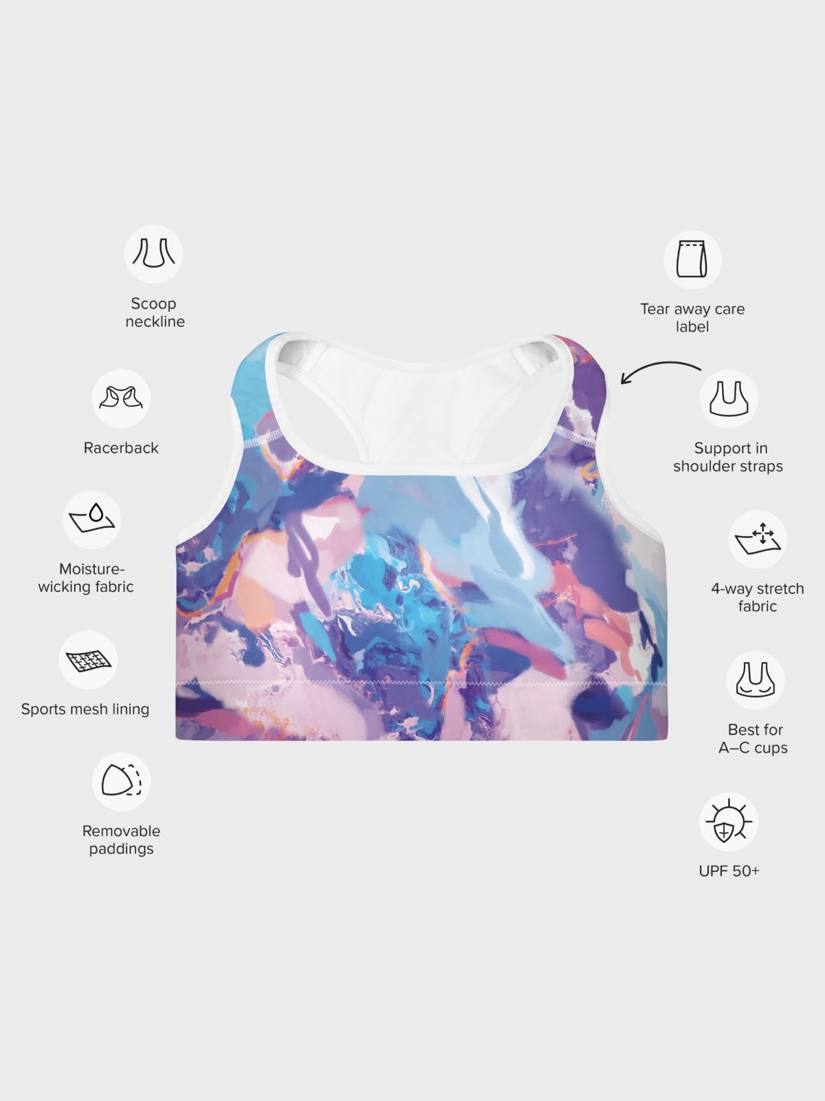Sport Bra "Marble Effect Pastel Blue Purple Dreamy Waves" product image (3)