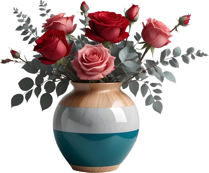 Modern Blue Striped Vase with Red and Pink Roses PNG product image (1)
