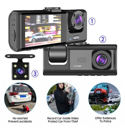 3 Way Dash Camera WithNight Vision Loop Recording with 32GB Memory Card product image (3)