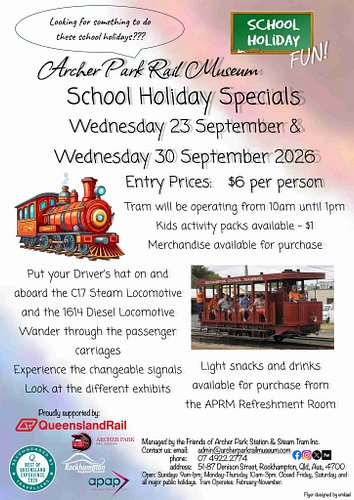 Hey everyone! Our school holiday activities happen today! Why don’t you come to Archer Park Rail Museum for a visit! Our scho...