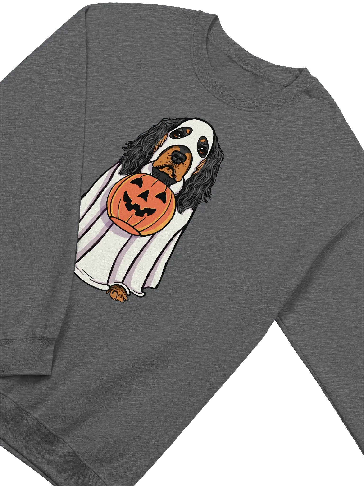 Funny Halloween Cocker Spaniel(Black & Tan) Sweatshirt | Funny Cocker Spaniel Wearing a Ghost Costume and Holding a Pumpkin Basket product image (4)