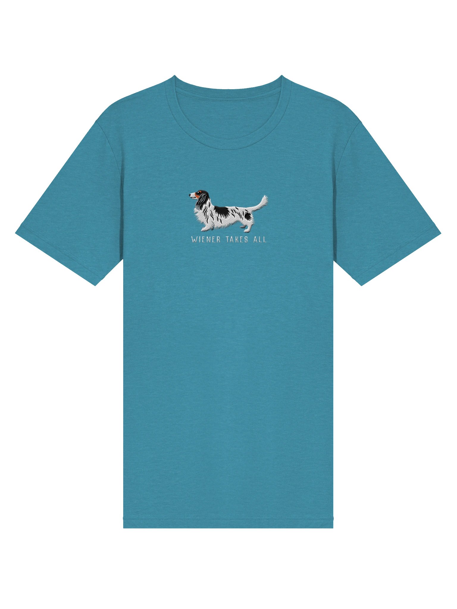 Wiener Takes All T-Shirt(Embroidered) of a Longhaired Dachshund(Pied Black & White) product image (63)