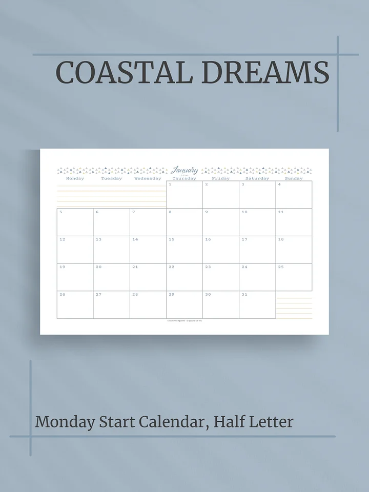 Coastal Dreams 2026 Calendar - Single Page per Month, Monday Start, Half Letter Size product image (1)