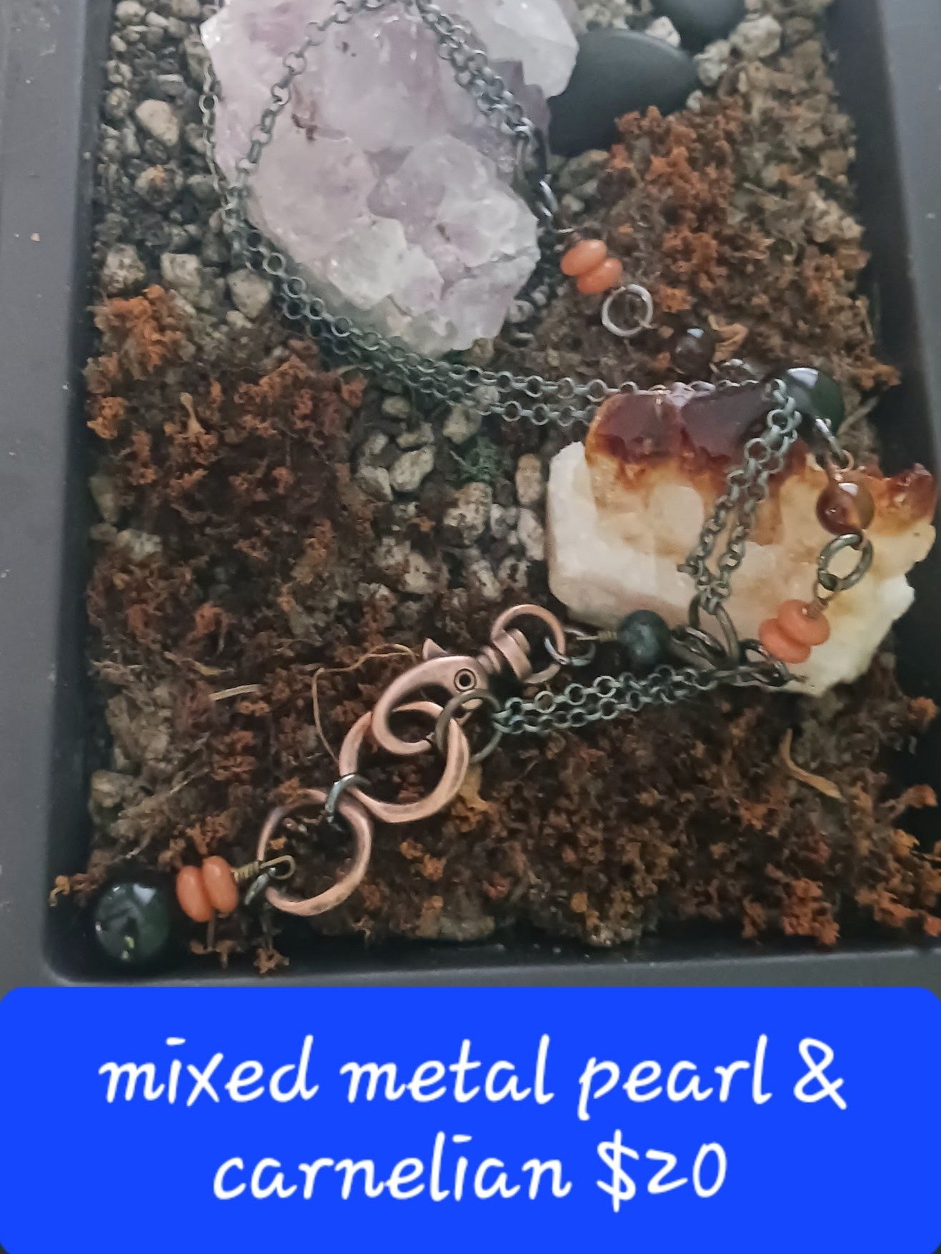 Pearl and Carnelian Necklace in Mixed Metals, artisan handmade product image (1)