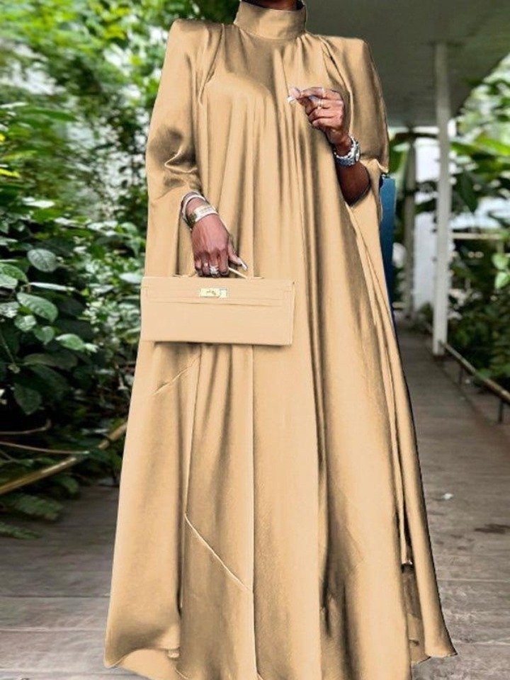 Women's Elegant Satin Pleated Maxi Dress, Stand Collar Long Sleeve Evening Party Dress, Loose Fit Autumn Wedding Guest Cocktail Gown product image (3)
