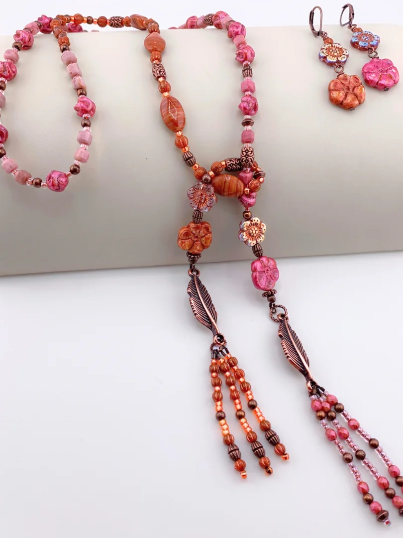 Pink and Orange Glass Beaded Fringe Lariat Style Necklace Set product image (4)