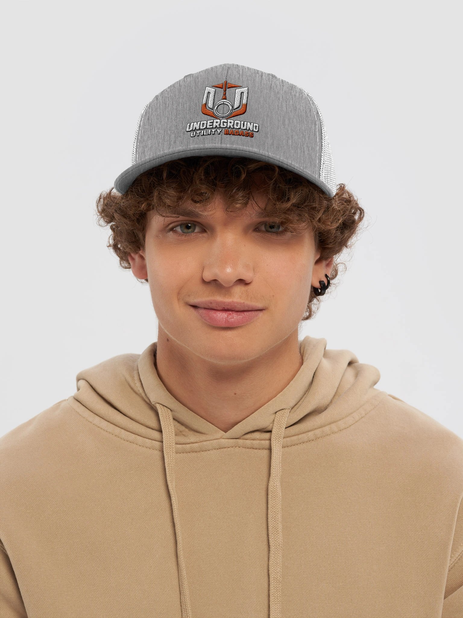 Underground Utility Badass Signature Trucker Hat — Gray & White product image (32)