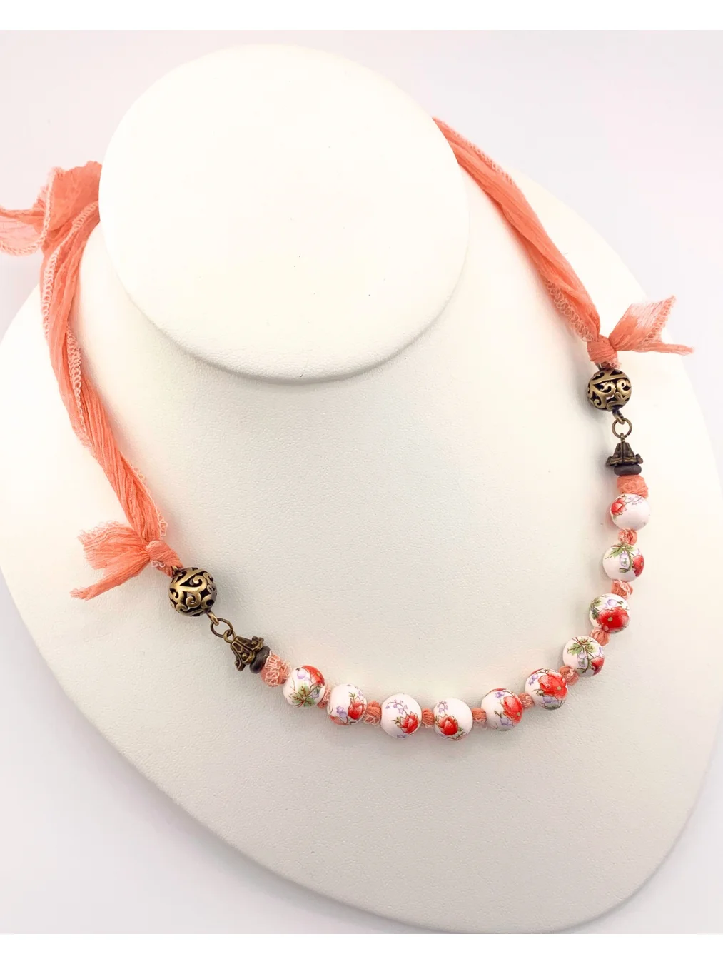 Peach Floral Beaded Necklace on SIlk Ribbon product image (1)