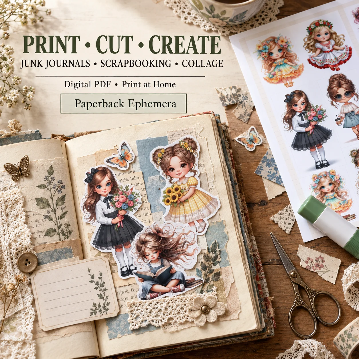 Whimsical Girls Ephemera Printable PDF – 14 Junk Journal Collage Pages product image (3)