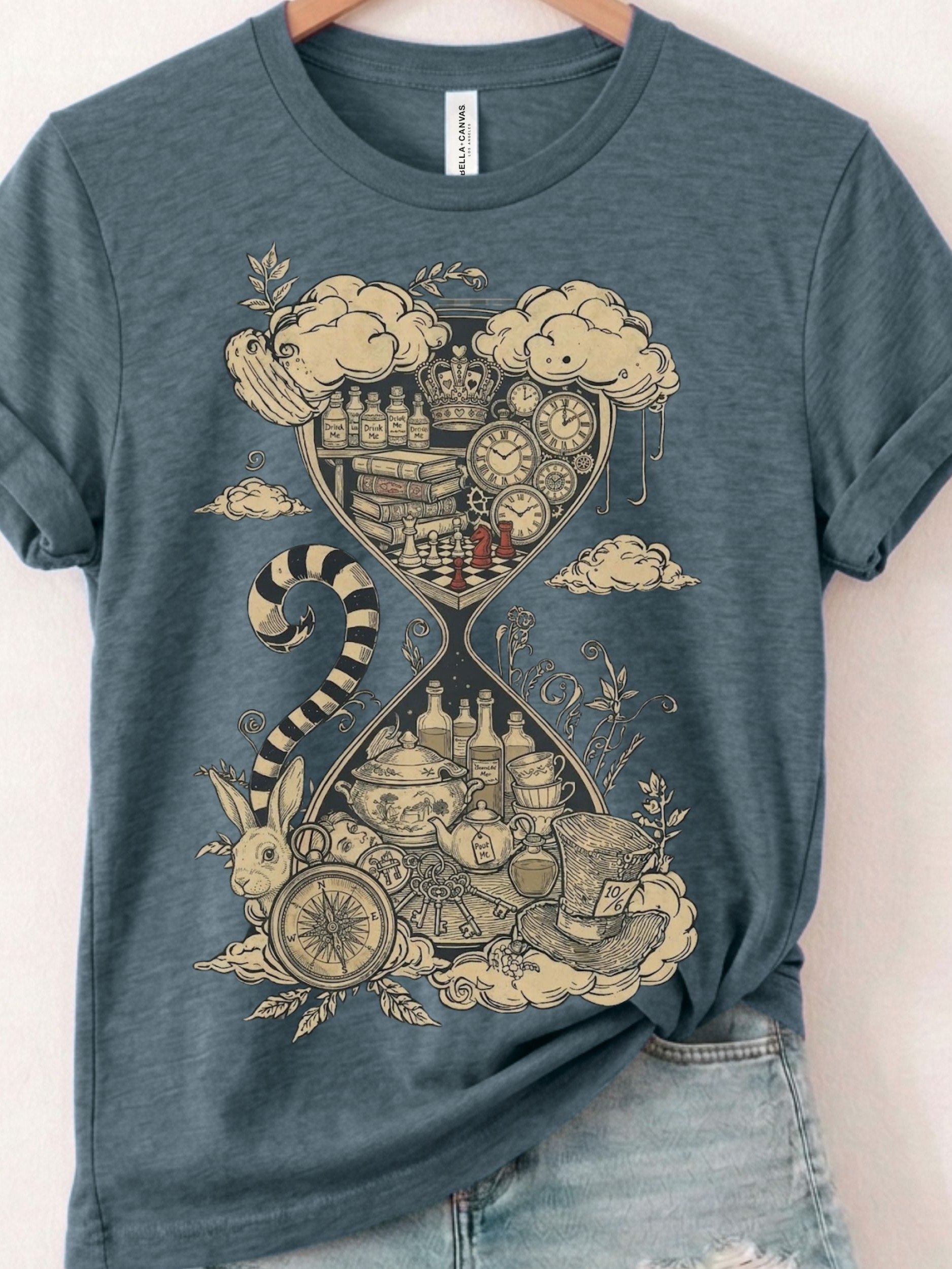 Alice in Wonderland Hourglass Tee, Surreal White Rabbit Graphic Shirt product image (1)