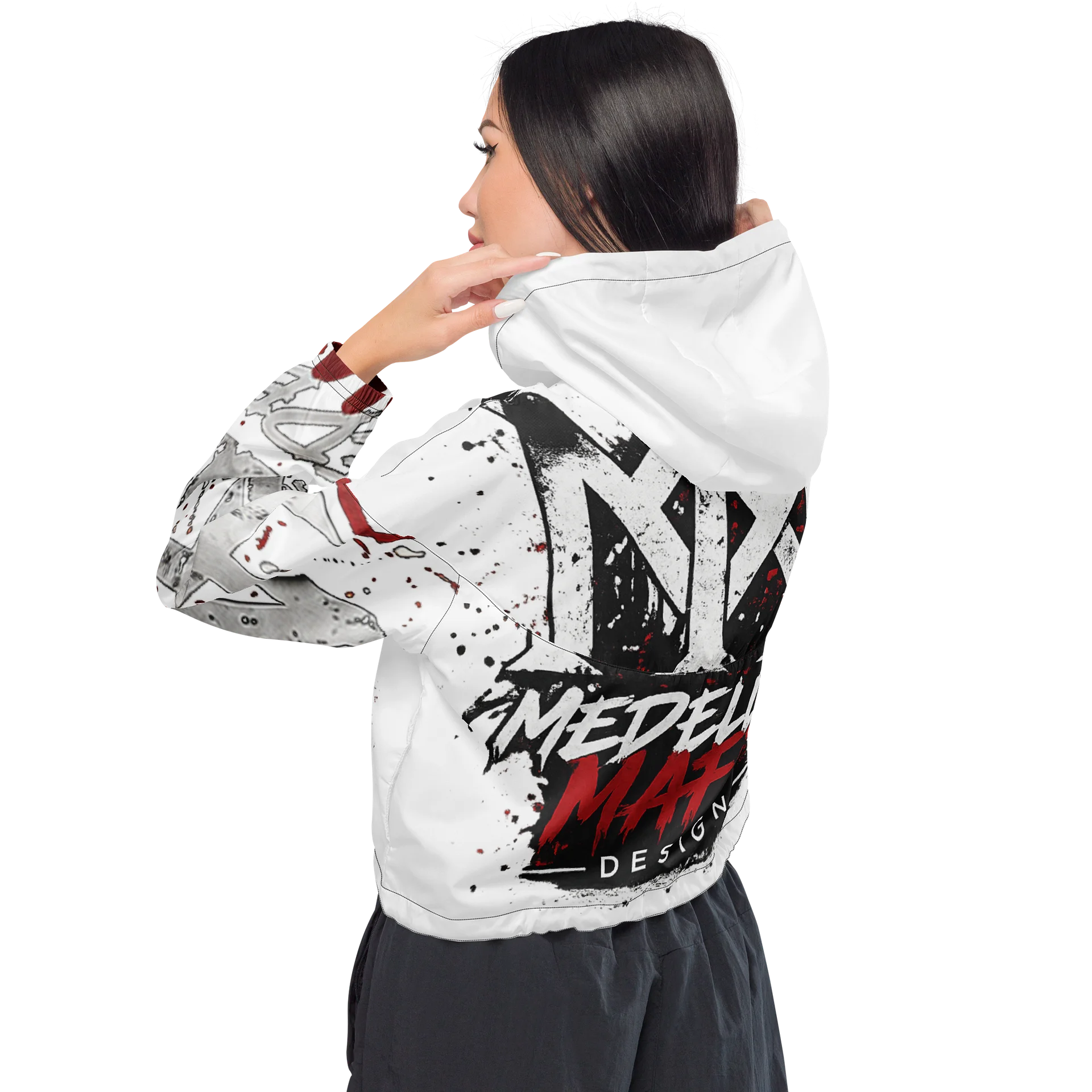 Medellin Mafia Design Women’s Cropped Windbreaker Hoodie – White Red Black Graffiti Streetwear Jacket product image (4)