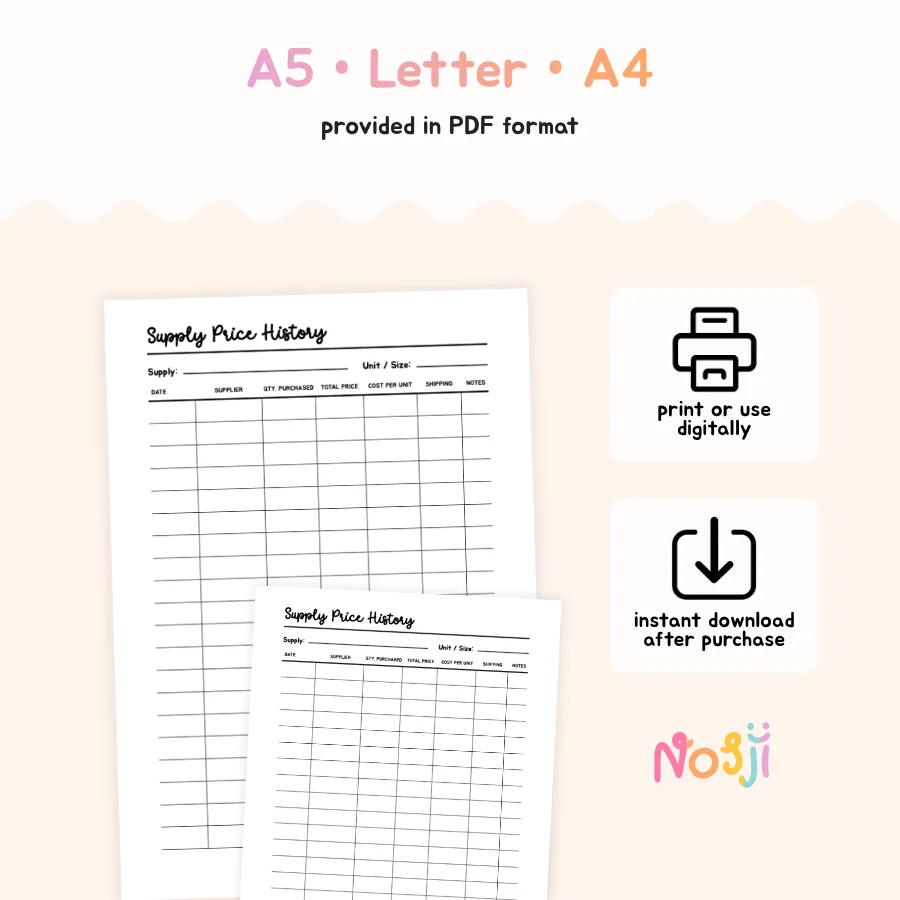Supply Price History Printable Supply Cost Tracker product image (2)