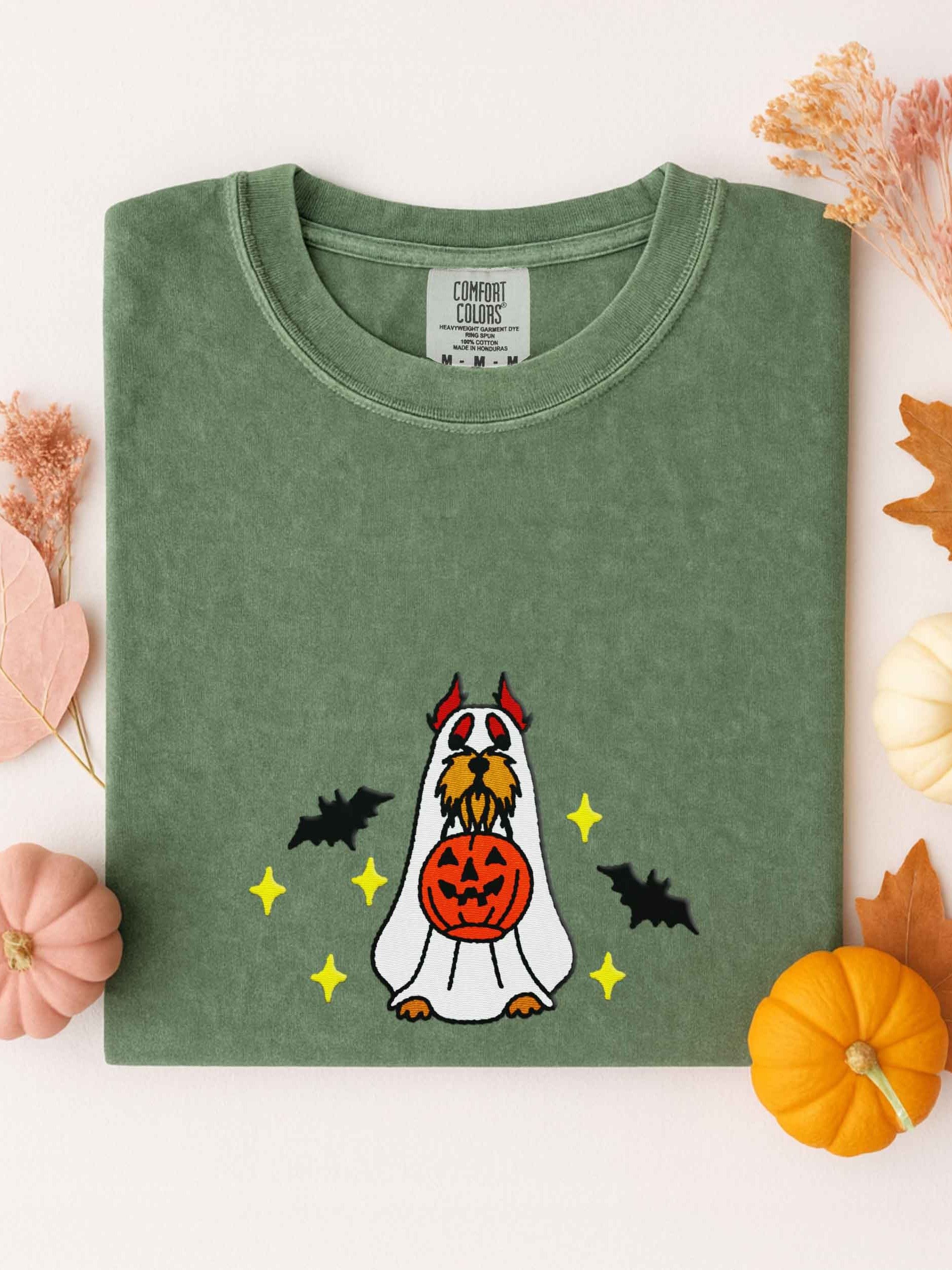 Halloween Miniature Schnauzer(Liver & Tan, Cropped Ears) Embroidered T-Shirt product image (1)