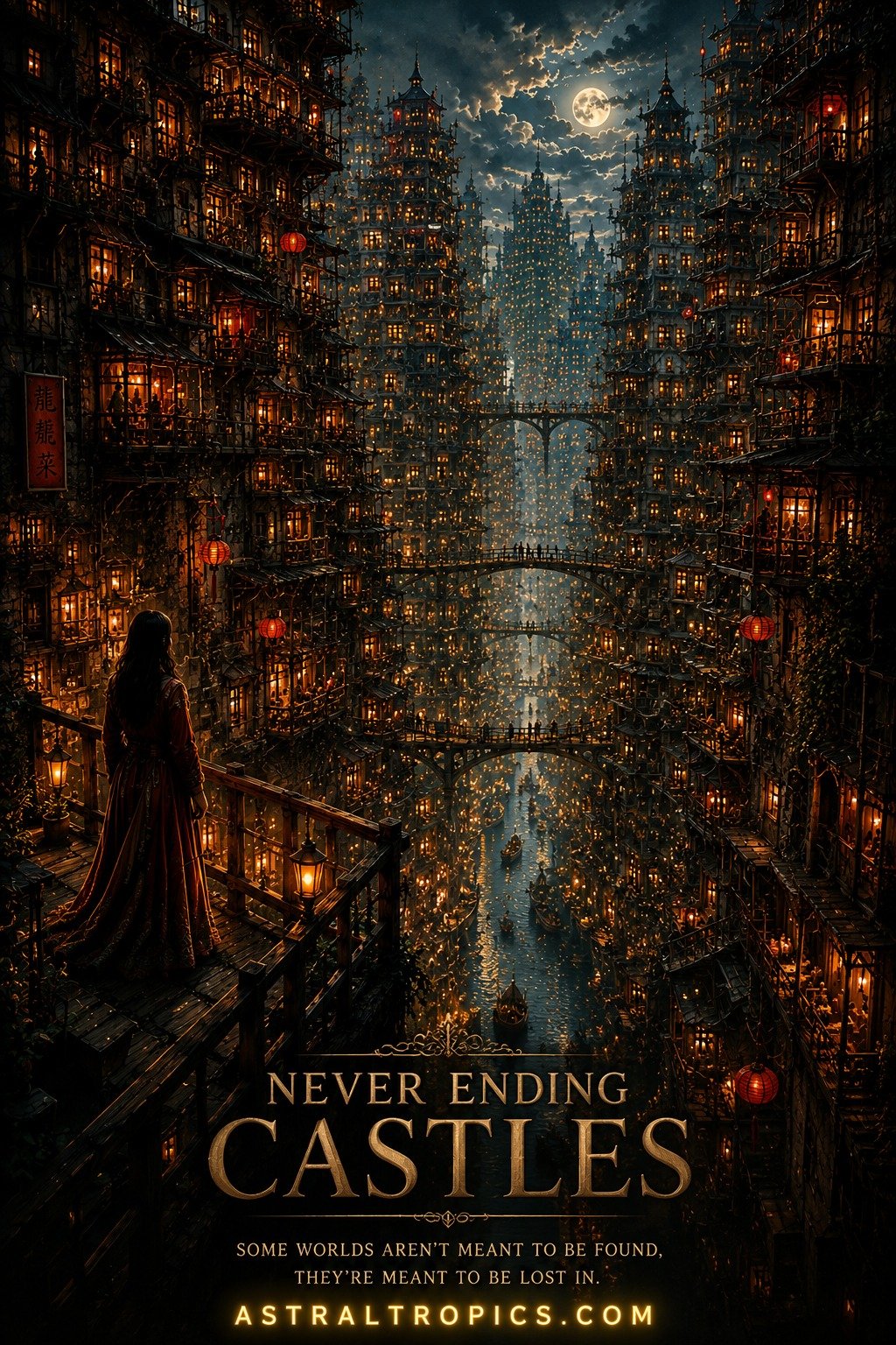 Never Ending Castles Fantasy City Wall Art | Enchanted Canal City at Night | Dark Academia Poster product image (1)