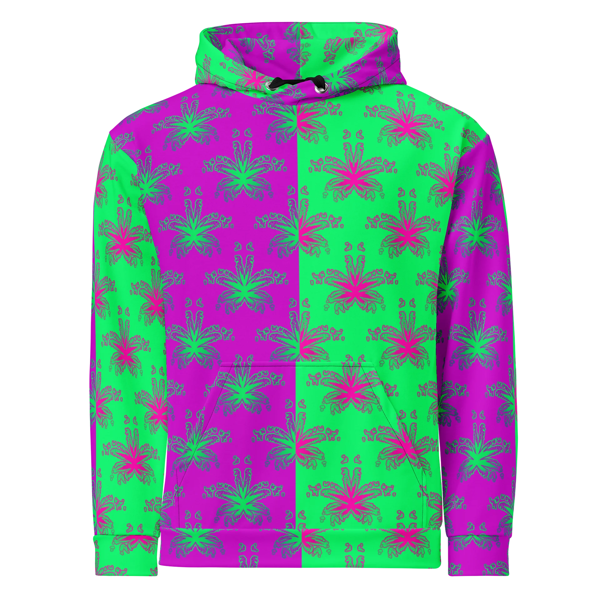 Twisted Cannabis Circus Unisex Hoodie, Weird Weed Art Stoner Clothing, Green Purple Pot Leaf Pattern 420 Festival Fashion product image (1)