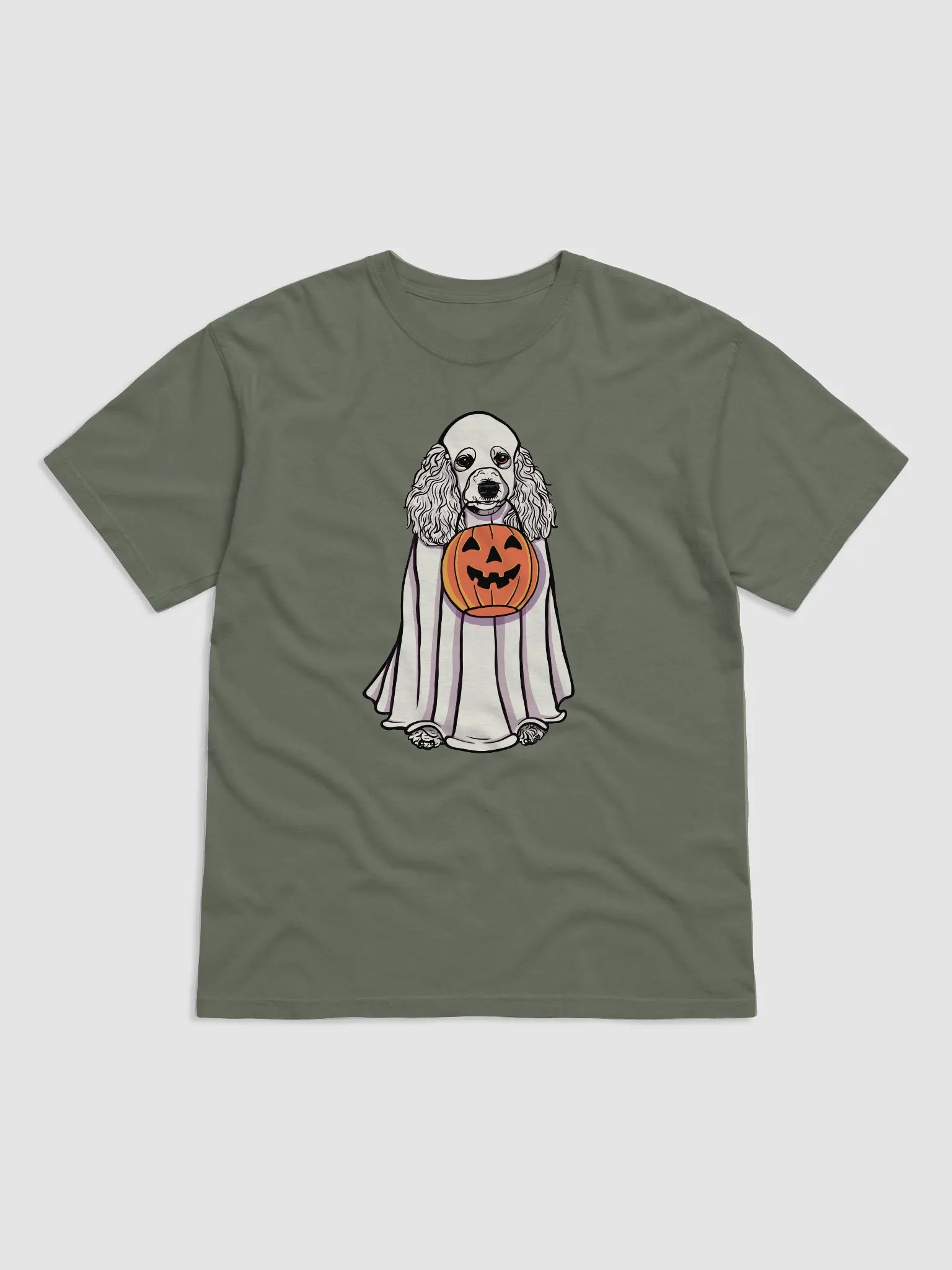 Funny Halloween Poodle(White) T-Shirt | Funny Papillon Wearing a Ghost Costume and Holding a Pumpkin Basket product image (1)