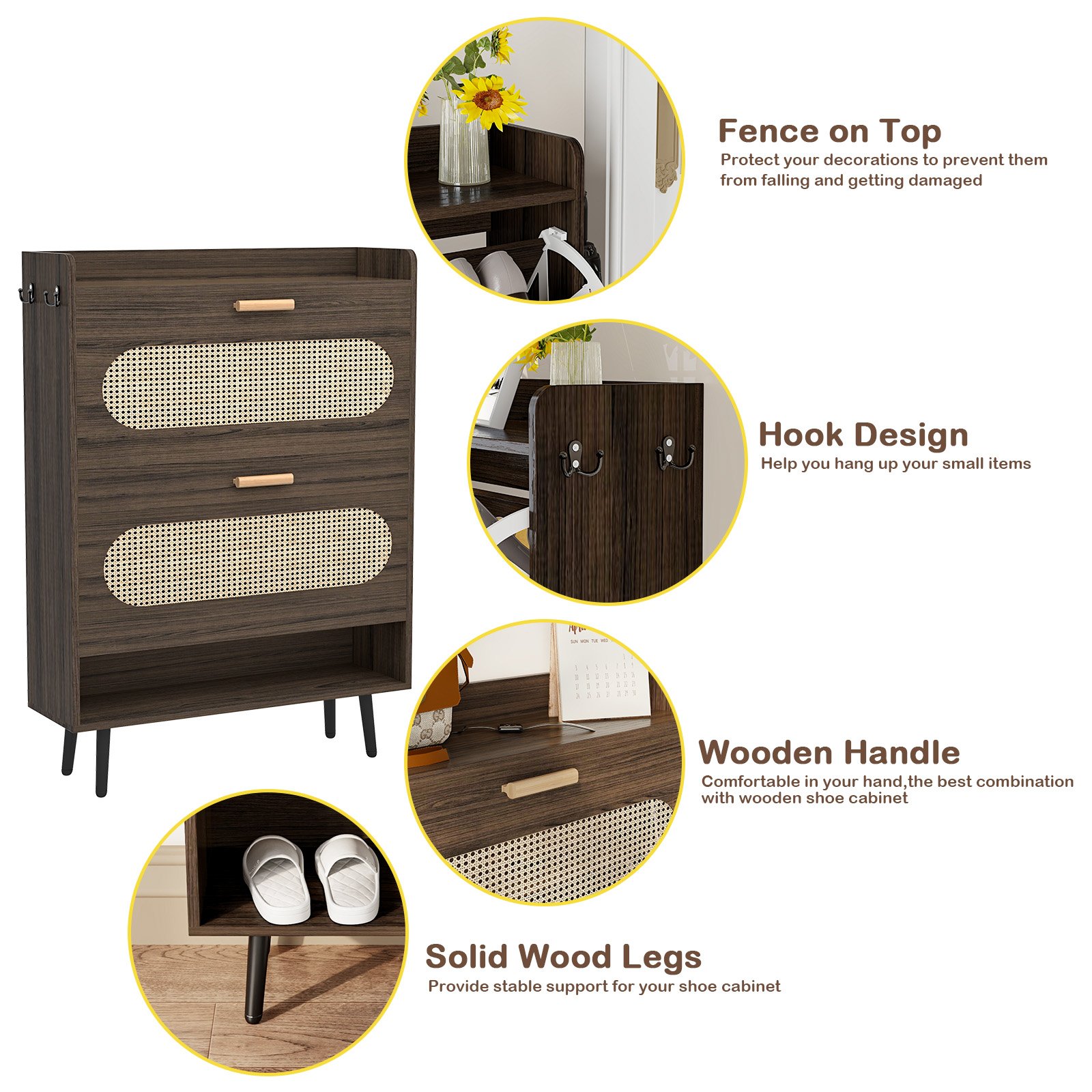 Shoe Cabinet with Natural Rattan Flip Drawers for Entryway Free Standing Slim Shoe Storage Organizer with 2 Flip Drawers Walnut product image (7)