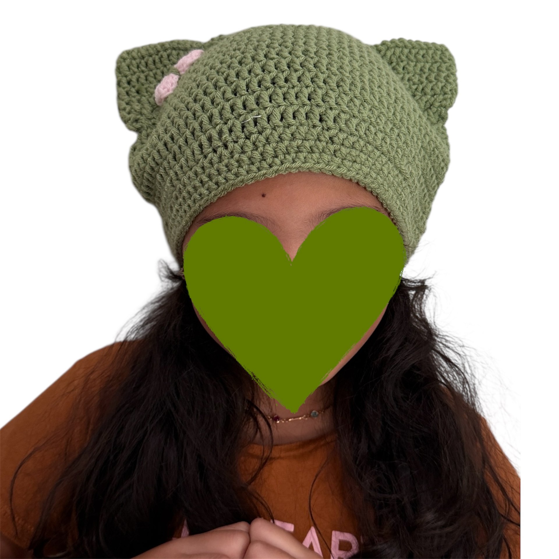 Winter Crochet Custom Cat Ear Beanie Olive Green with Light Pink bow - for kids 6 - 12yo product image (4)