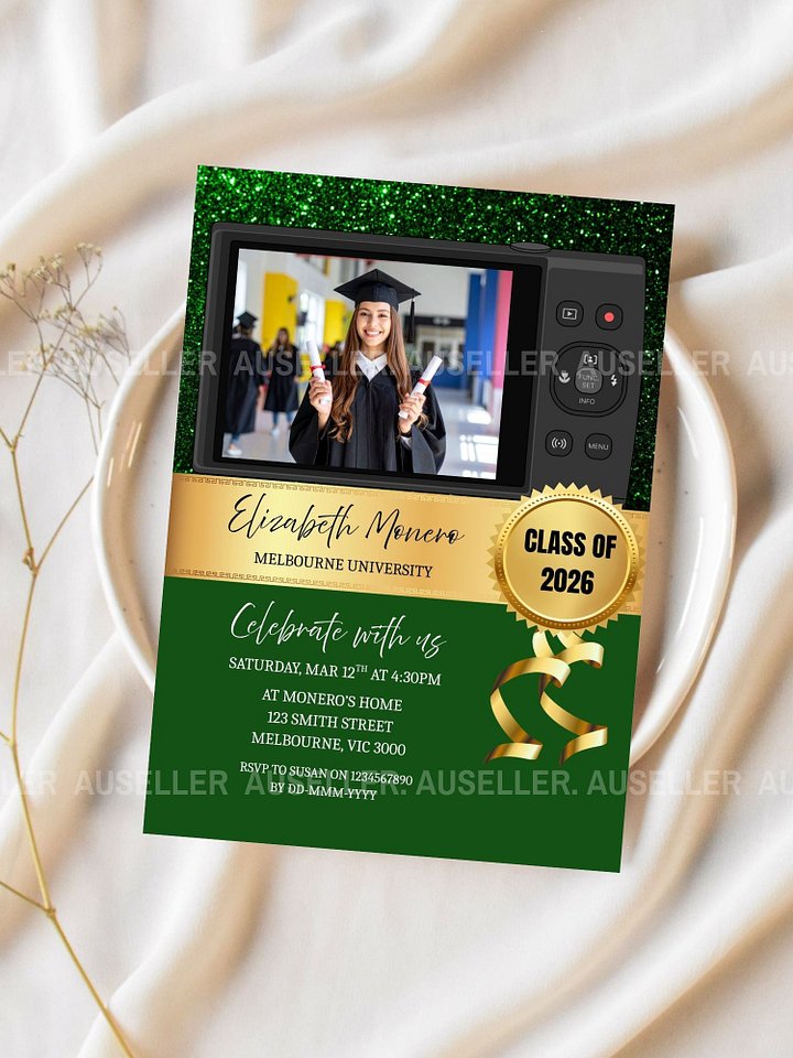 Green Gold Modern Graduation Photo Invitation 2026 Editable Canva Template product image (2)
