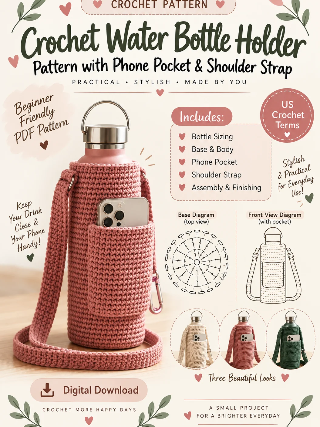 Crochet Water Bottle Holder with Phone Pocket – PDF Pattern product image (4)
