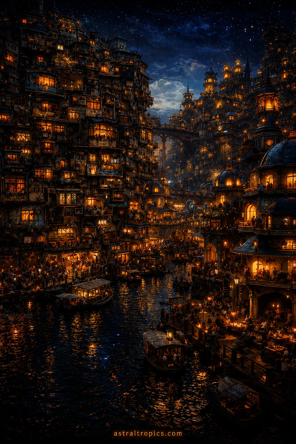 Enchanted Fantasy City Poster 10x10 | Gothic Waterfront Night City Wall Art | Dark Academia Decor product image (1)