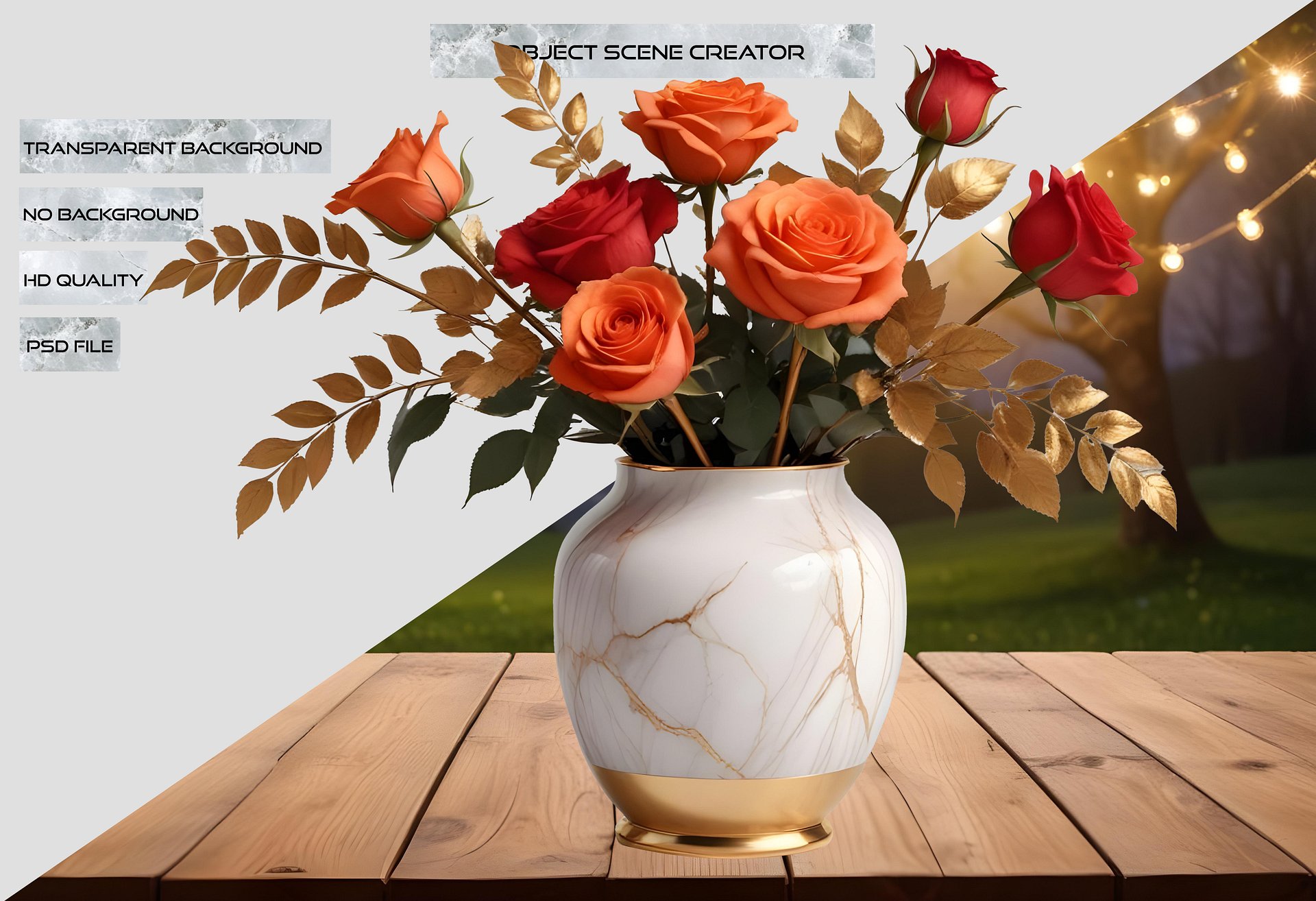 Romantic Grace – White Marble and Gold Rose Vase PNG product image (2)