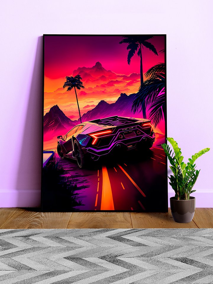 Synthwave aesthetic sport car Lamborghini with palms [synthwave/vaporwave/cyberpunk] — aesthetic art print product image (1)