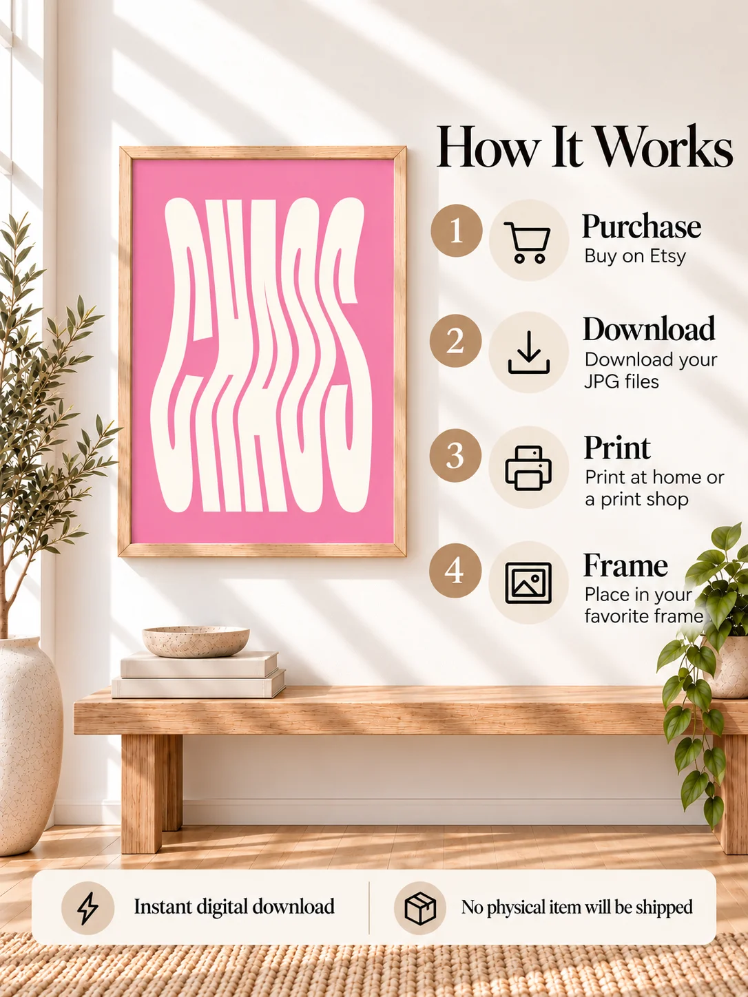 CHAOS Pink Wavy Typography Printable Wall Art, Retro Y2K Poster, Funky Dopamine Decor, Girly Dorm Bedroom Digital Download product image (4)