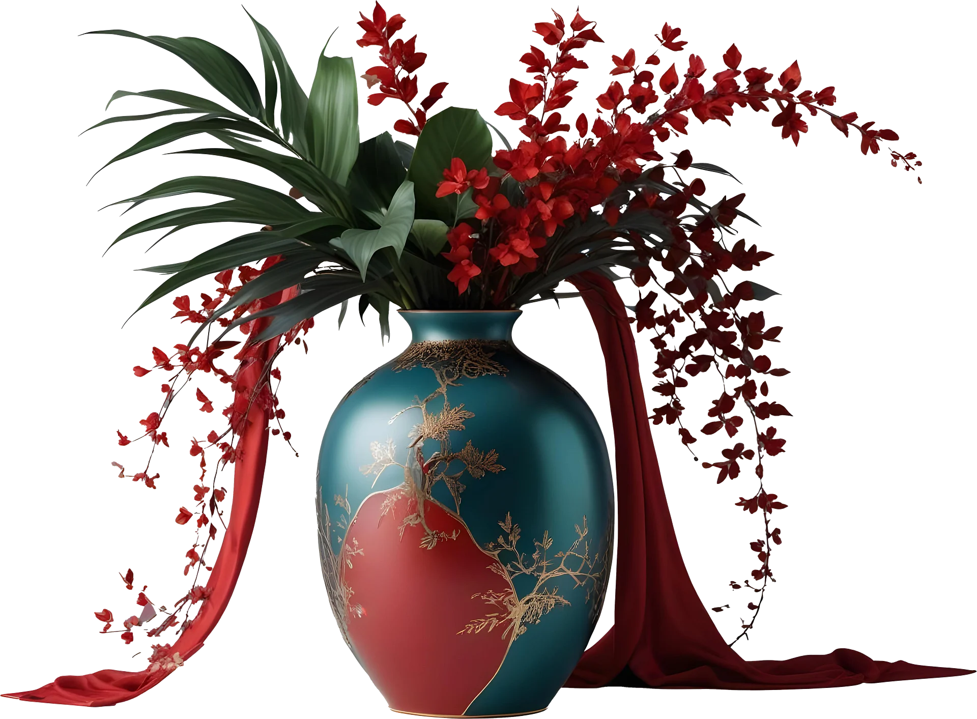 Chinese Porcelain Vase – Red and Teal Elegance with Festive Blossoms PNG product image (1)