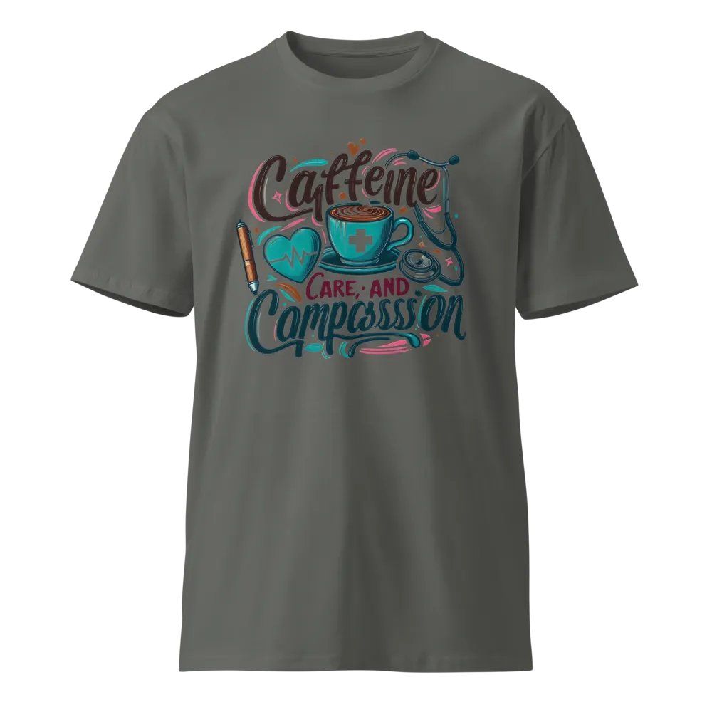 Caffeine, care, and compassion t-shirt product image (1)